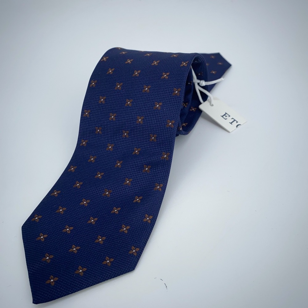 Eton Tie Mens One Size Navy Brown Floral Silk Classic Necktie England Made‎